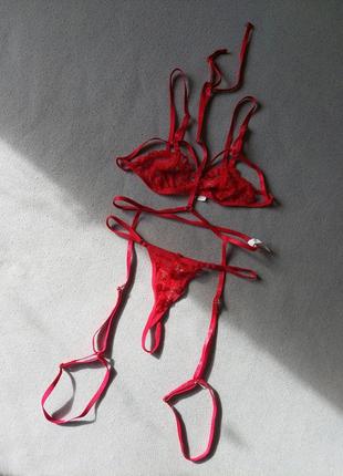 Комплект белья shein сексуальное красное портупея ажурные трусики лифчик1 фото