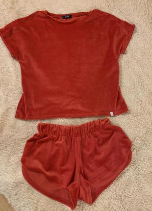 Велюровый красный костюм прогулочный костюм костюм для дома костюм для сна пижама1 фото