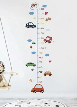 Вінілова наклейка на стіну для дитячої кімнати, дитячій ростомір автомобілі, розмір 186 на 60 см2 фото