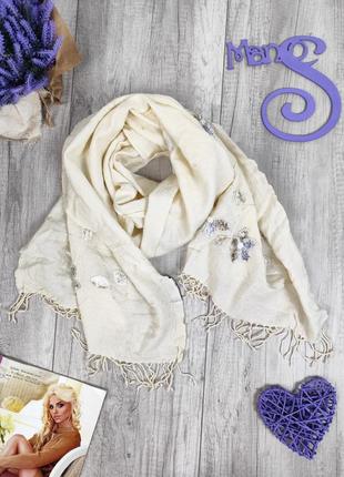 Женский палантин indigo шарф шерстяный молочного цвета 162х66 см