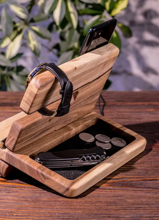 Аксессуар-органайзер из дерева для гаджетов/телефона/часов из натурального дерева «unisex»3 фото