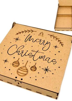 Коробка з комірками 20х20х5см подарункова упаковка із мдф дерев'яна коробочка для подарунка merry christmas