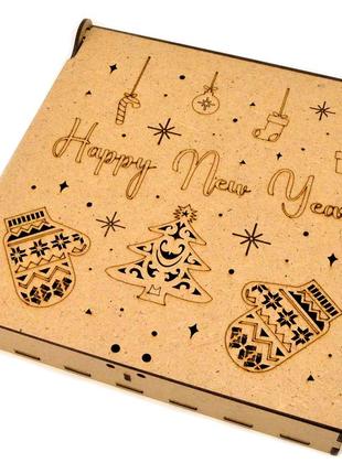 Коробка с ячейками 20х20х5см подарочная упаковка из мдф деревянная коробочка для подарка happy new year2 фото