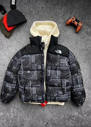 Куртка зимняя в стиле the north face черно-серая, узоры2 фото