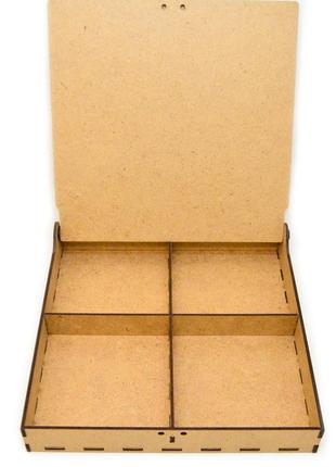 Коробка з 4 осередками 21х21х3см подарункова упаковка із мдф крафтова дерев'яна коробочка для подарунка сніжинка6 фото