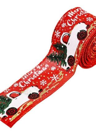 Лента новогодняя 2 м - с машинками merry christmas цвет красный