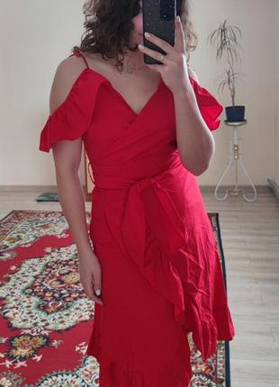 Червона міді сукня, сарафан, плаття з рюшами та відкритими плечима2 фото