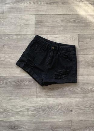 Чорні джинсові шорти рвані висока посадка1 фото