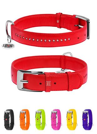 Ошейник для собак кожаный waudog glamour с qr паспортом, двойной со стразами, ш 35 мм, дл 46-60 см красный
