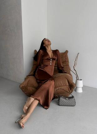 Жіноча неймовірно вишукана якісна стильна трендова витончена коричнева довга максі сукня "sens”8 фото
