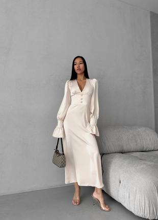 Жіноча неймовірно вишукана якісна стильна трендова витончена молочна довга максі сукня "sens”9 фото