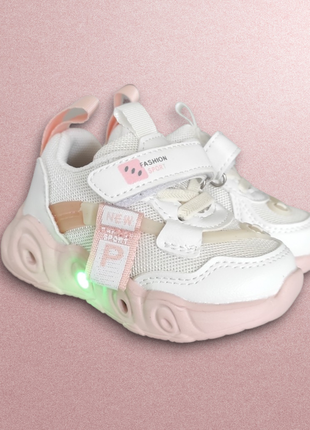 Білі, рожеві кросівки демі на лампочка для дівчинки сітка5 фото