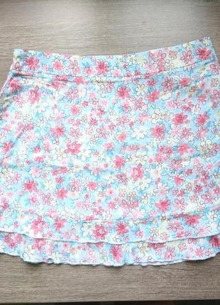 Летняя вискозная юбка с рюшиками голубая в  розовый цветочек в подарок к любой покупке2 фото