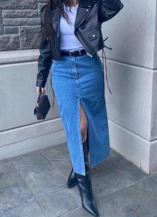 Жіноча джинсова спідниця міді з розрізом с разрезом,джинсовая юбка миди довга максі джинс