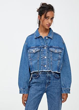 Джинсова куртка crop oversized pull&bear синя3 фото