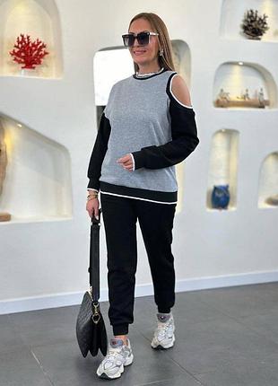 Стильний оригінальний якісний жіночий комплект батал світшот і штани з високою посадкою
