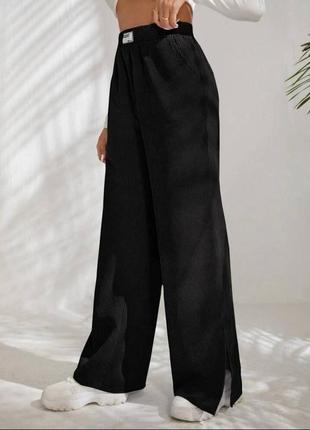Штаны вельветовые черные макко брюки широкие прямые палаццо на резинке из вельвета штанины с разрезами вельвет4 фото