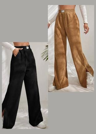 Штаны вельветовые черные макко брюки широкие прямые палаццо на резинке из вельвета штанины с разрезами вельвет2 фото