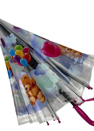 Детский прозрачный зонт-трость полуавтомат с яркими рисунками мишек от rain proof с розовой ручкой 0272-22 фото