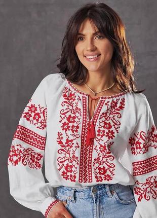 Жіноча вишиванка сорочка блуза біла червона вишивка3 фото