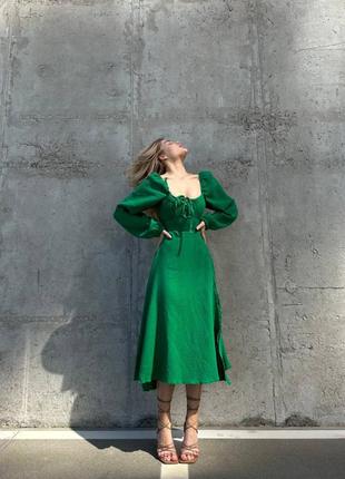 Муслінова сукня міді з розрізом по ніжці приталена з відкритими плечима довгими рукавами плаття біла чорна зелена коричнева блакитна синя рожева4 фото
