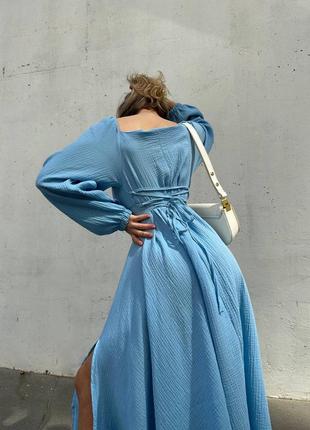 Муслінова сукня міді з розрізом по ніжці приталена з відкритими плечима довгими рукавами плаття біла чорна зелена коричнева блакитна синя рожева6 фото