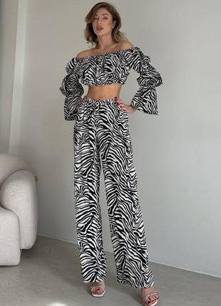 Костюм топ + штаны зебра черный белый комплект укороченная блуза с открытыми плечами с рукавами фонариками брюки широкие палаццо на резинке