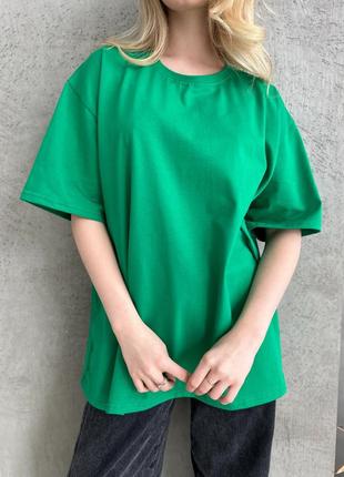 Базова зелена бавовняна футболка оверсайз, жіноча футболка бавовна з еластаном5 фото