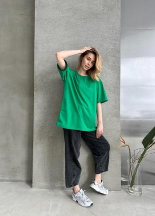 Базова зелена бавовняна футболка оверсайз, жіноча футболка бавовна з еластаном4 фото