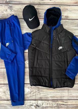 Комплект хіт! костюм спортивний синій nike teach blue + жилетка + кепка в подарунок! чоловічий спортивний костюм найк + жилетка найк + кепка!2 фото