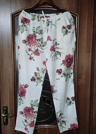 Льняні штани / брюки з квітковим принтом (італія) 100% льон