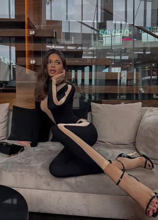 Комбінезон жіночий чорний на довгий рукав з сіткою якісний стильний трендовий7 фото