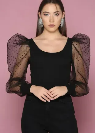 Блуза з пишними рукавами-сіточкою в горох