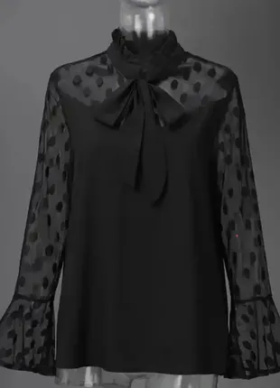Гарна блуза з рукавами сіточкою в горох і бантом на шиї2 фото