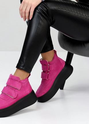 Спортивні жіночі черевики на платформі на липучках замшеві фуксія🔥🔥🔥9 фото