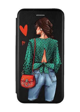 Чехол-книжка с рисунком для xiaomi redmi 8 черный :: девушка в зеленом (принт 224)