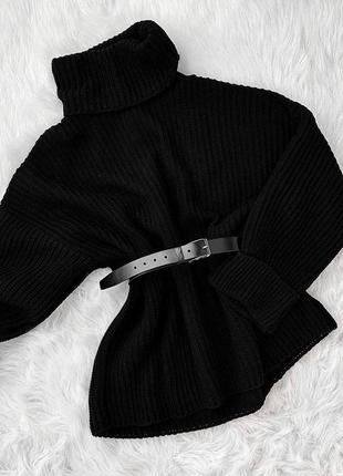 Женский удлиненный стильный черный свитер ангора вязкая с ремешком2 фото