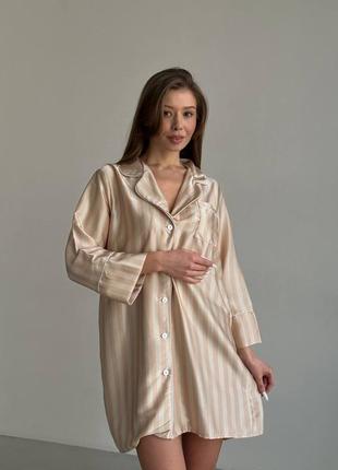Смугаста шовкова піжама сорочка на гудзиках, жіноча нічна сорочка подовжена в смужку5 фото