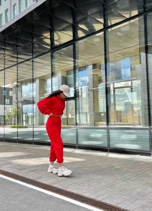 Костюм спортивний жіночий однотонний оверсайз світшот штани джогери на високій посадці якісний стильний бежевий червоний3 фото
