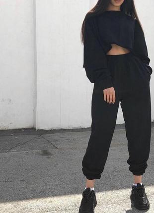 Костюм спортивний жіночий однотонний оверсайз світшот штани джогери на високій посадці якісний стильний графітовий чорний5 фото