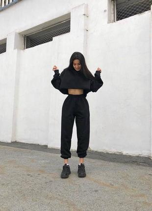Костюм спортивний жіночий однотонний оверсайз світшот штани джогери на високій посадці якісний стильний графітовий чорний7 фото