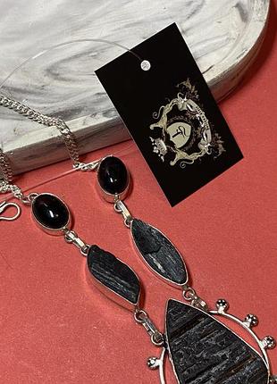 Шерл натуральний , чорний онікс кольє знатуральним каменем чорний турмалін необроблений в сріблі. індія