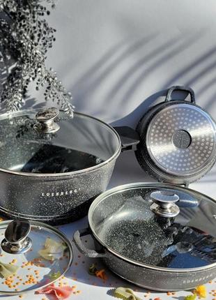 Набор казанов с мраморным антипригарным покрытием edenberg eb-12911 набор кухонной посуды 10 предметов черный6 фото