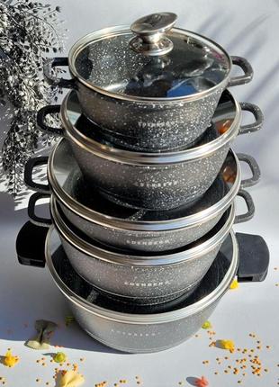 Набор казанов с мраморным антипригарным покрытием edenberg eb-12911 набор кухонной посуды 10 предметов черный5 фото