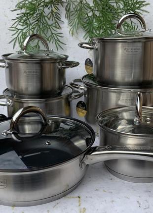 Набір кухонного посуду із нержавіючої сталі 12 предметів edenberg eb-4001 набір каструль для всіх видів плит1 фото