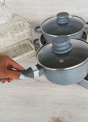 Набор кастрюль казанов + ковш с мраморным покрытием edenberg eb-9181 набор кухонной посуды 8 предметов серый2 фото