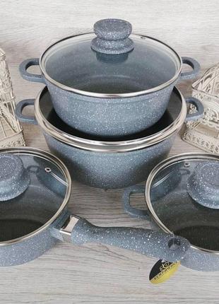 Набор кастрюль казанов + ковш с мраморным покрытием edenberg eb-9181 набор кухонной посуды 8 предметов серый4 фото