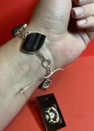 Натуральний необроблений чорний турмалін браслет з містичного шерлу натуральний шерл в сріблі . індія.4 фото