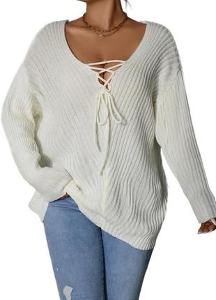 Пуловер свитер кофта белый с шнуровкой 3xl