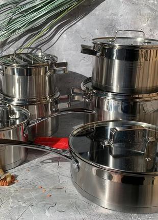 Набір кухонного посуду із нержавіючої сталі 12 предметів edenberg eb-4067 набір каструль для індукційної плити1 фото